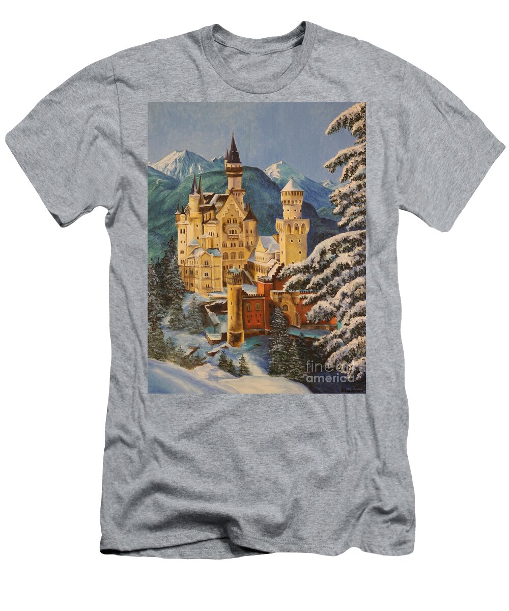 Germany Art T-Shirt featuring the painting Neuschwanstein Castle in Winter by Charlotte Blanchard