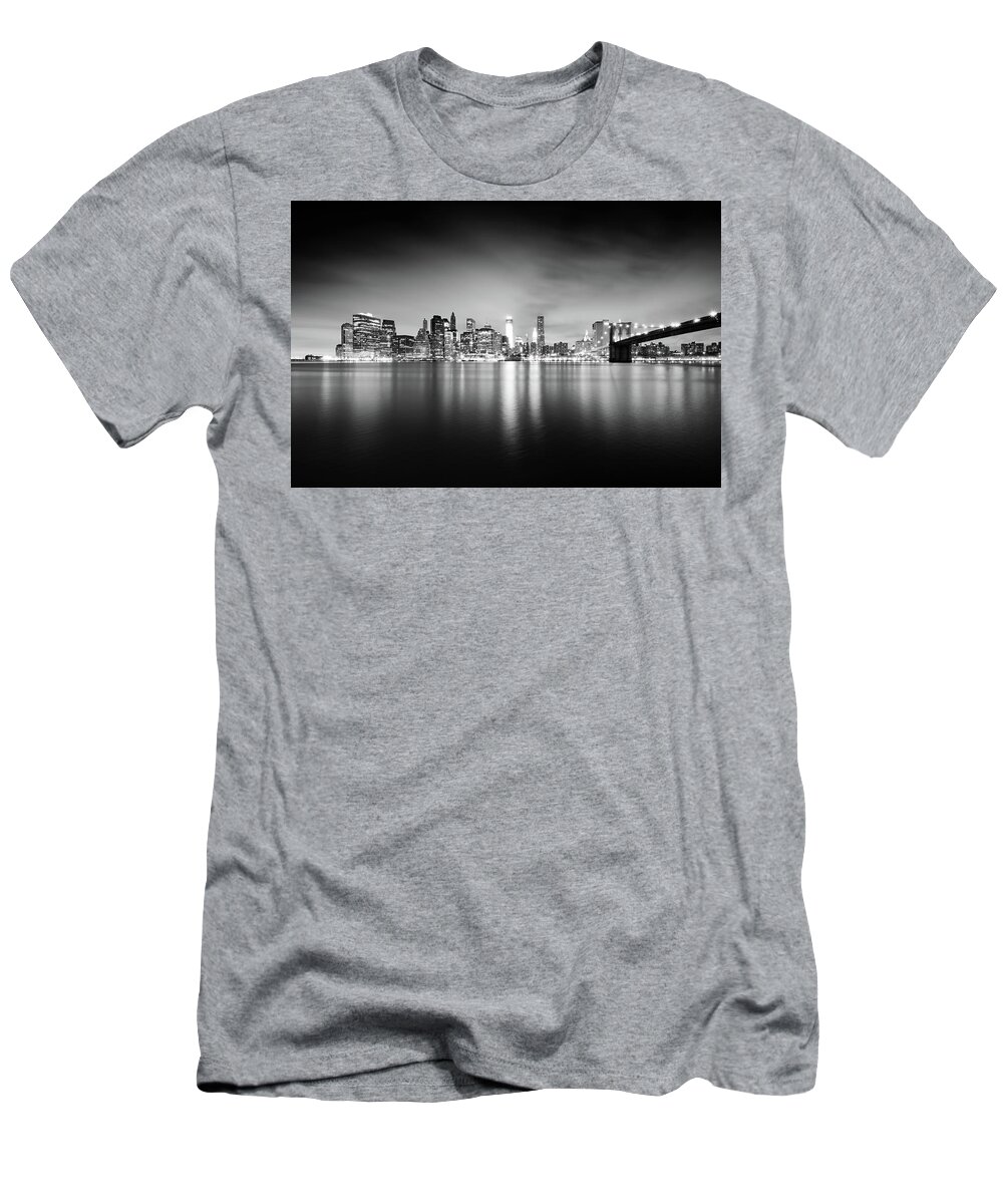 New York T-Shirt featuring the photograph New York Skyline at Night - B/W Version by Alexander Voss