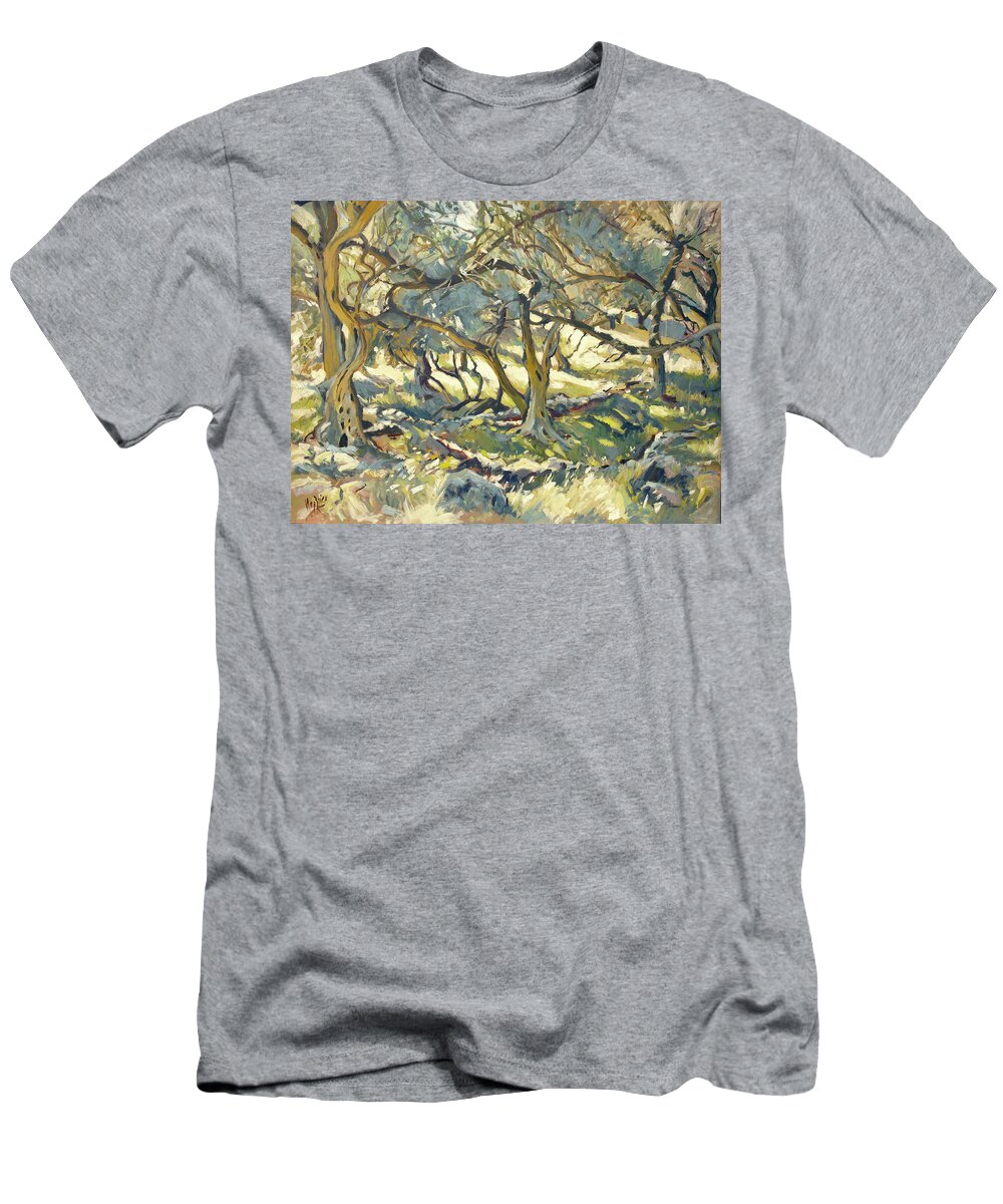 Paxos T-Shirt featuring the painting Oilve grove Marmari Beach by Nop Briex