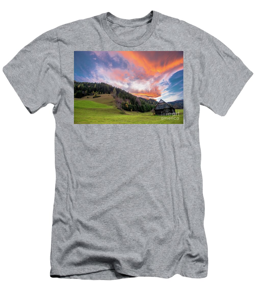 Barn T-Shirt featuring the photograph Old Barn At Sunset With Red Clouds by Andreas Berthold