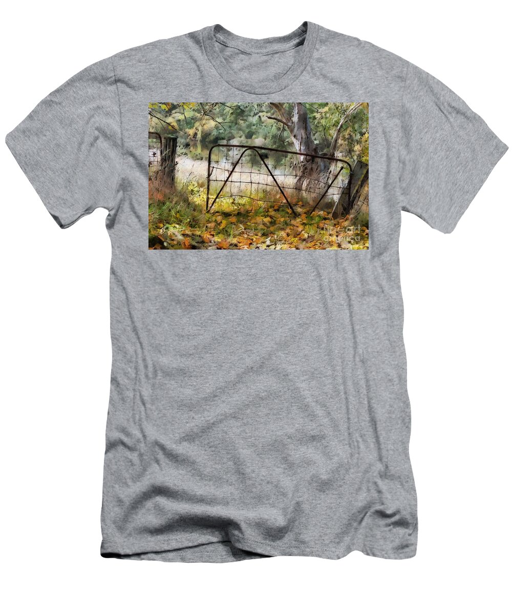 Old Gate T-Shirt featuring the digital art Old Farm Gate by Fran Woods