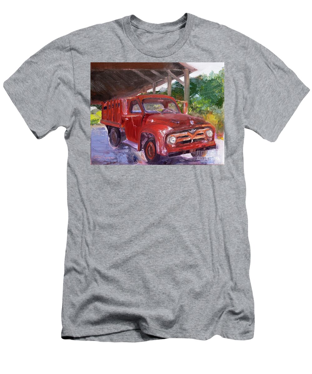 Red Truck T-Shirt featuring the painting Old Red Truck - Mountain Valley Farms - Ellijay by Jan Dappen