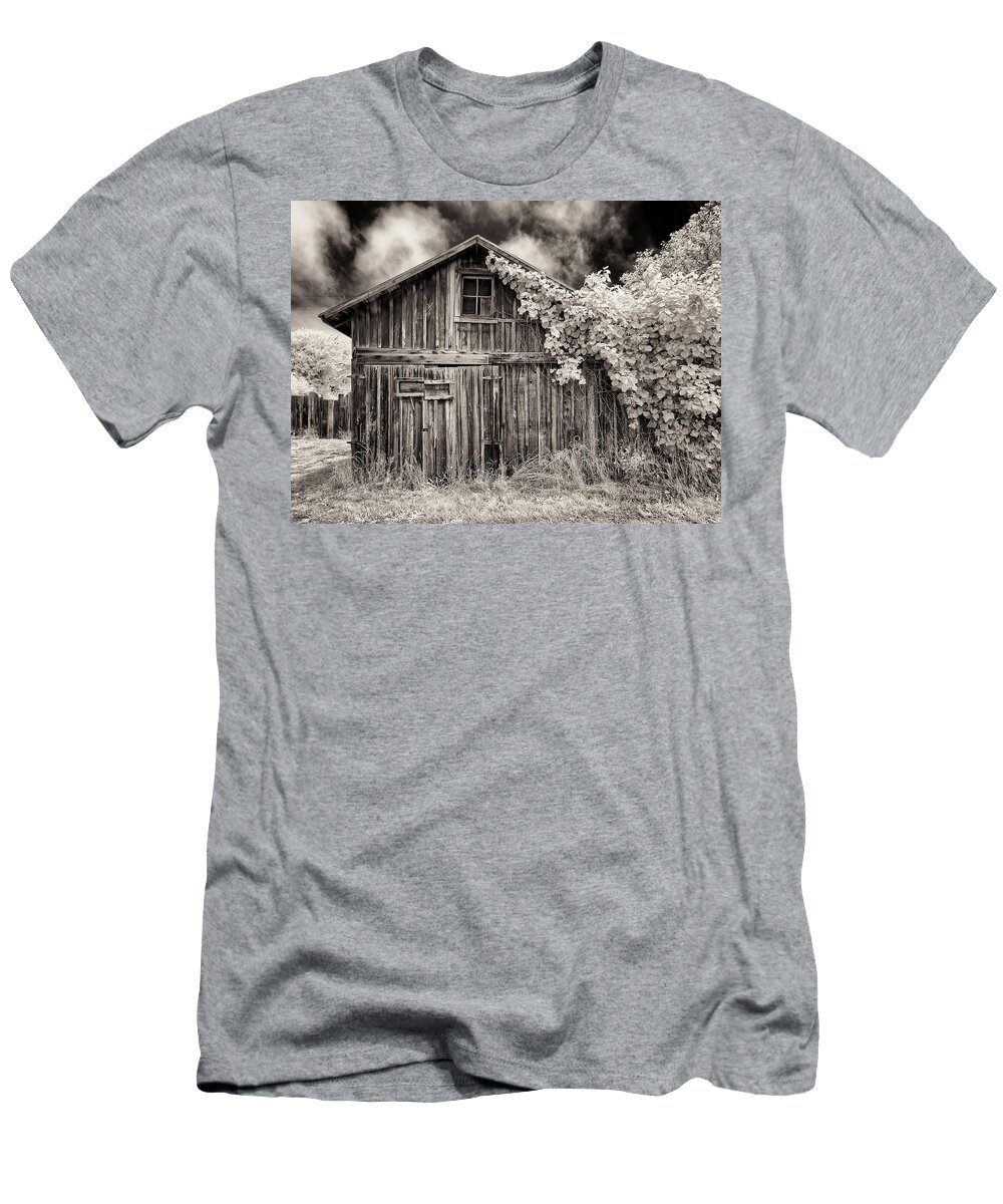 Old Shed T-Shirt featuring the photograph Old Shed in Sepia by Greg Nyquist