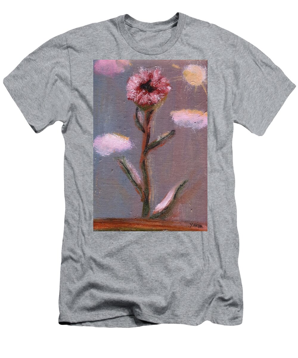 Katt Yanda Original Art Flower Oil Painting Wood One Pink Flower Bloom T-Shirt featuring the painting One Pink Flower by Katt Yanda