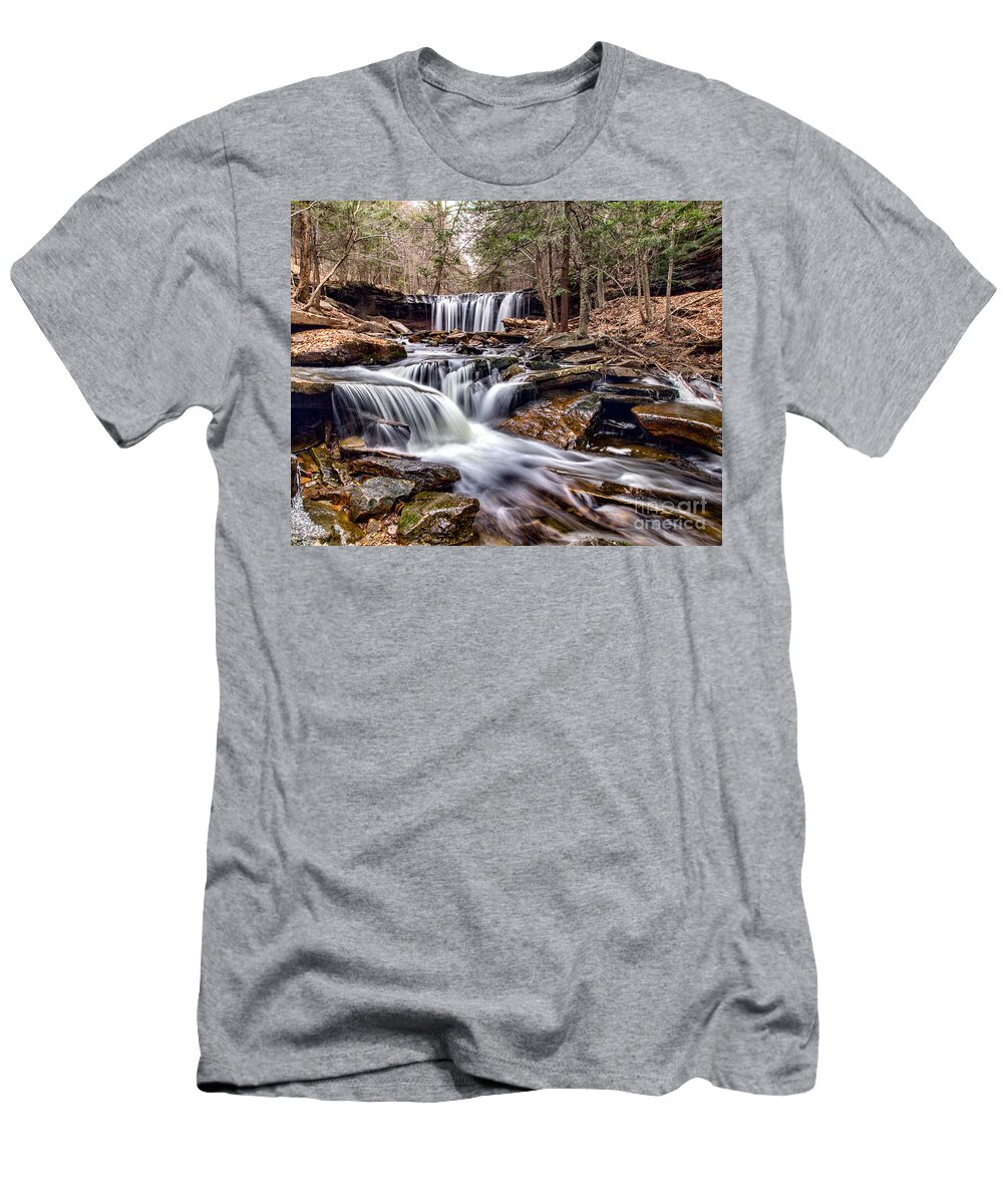 Another Spectacular Waterfalls From Rickett's Glen State Park In Pennsylviannia. This Is The Oneida Waterfalls Shot From Below To Incorporate A Few Minor Falls Into The Shot As Well. T-Shirt featuring the photograph Oneida Falls by Rod Best