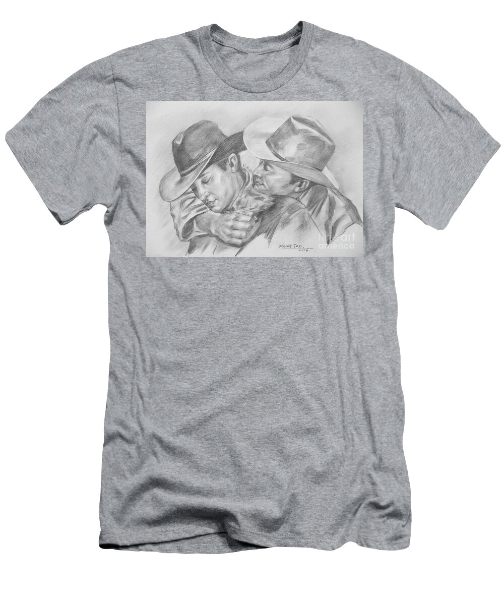 Original Art T-Shirt featuring the drawing Original Charcoal Drawing Art Portrait Of Cowboys On Paper #16-3-18-01 by Hongtao Huang