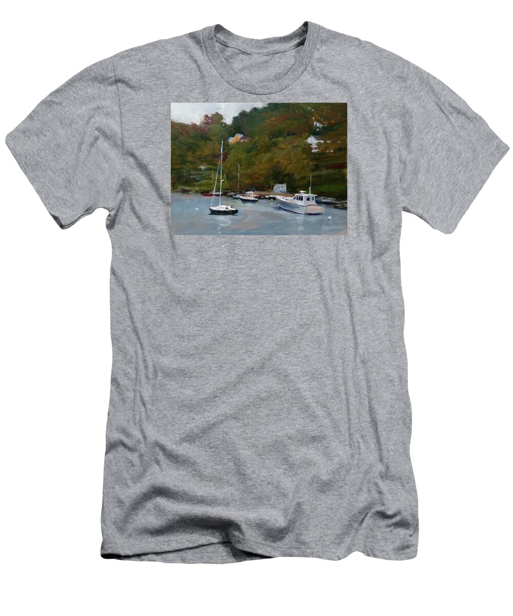 Landscape T-Shirt featuring the painting Overcast Day at Rockport Harbor by Peter Salwen