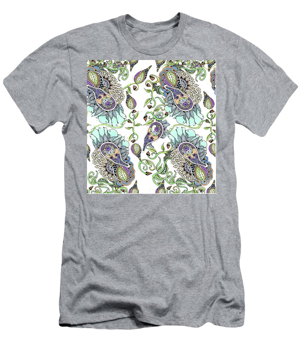 Fabric Patterns Pen And Ink Leaves Zentangles Doodles Purple And Blue T-Shirt featuring the tapestry - textile Parameecee by Ruth Dailey