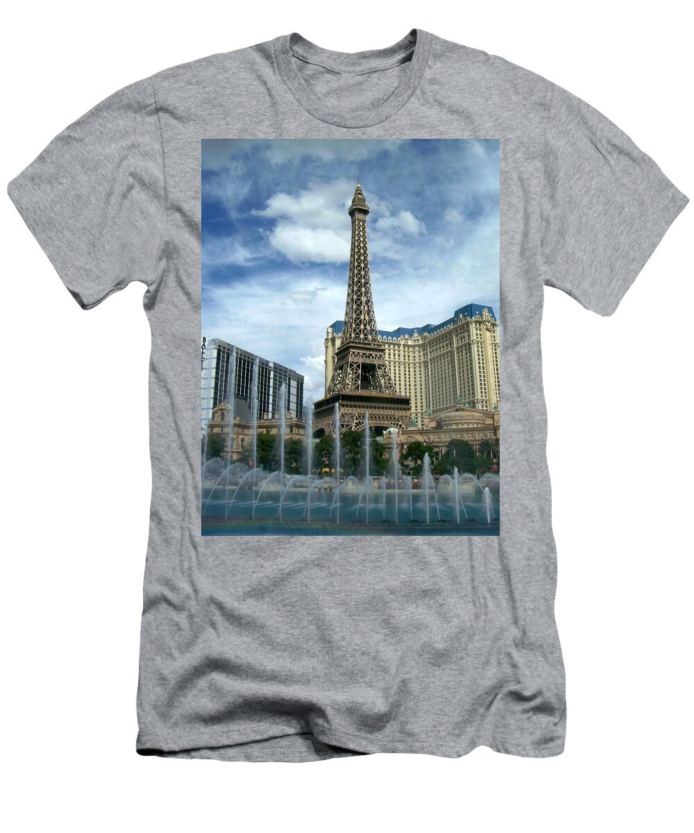 Pars Hotel T-Shirt featuring the photograph Paris Hotel and Bellagio Fountains by Anita Burgermeister