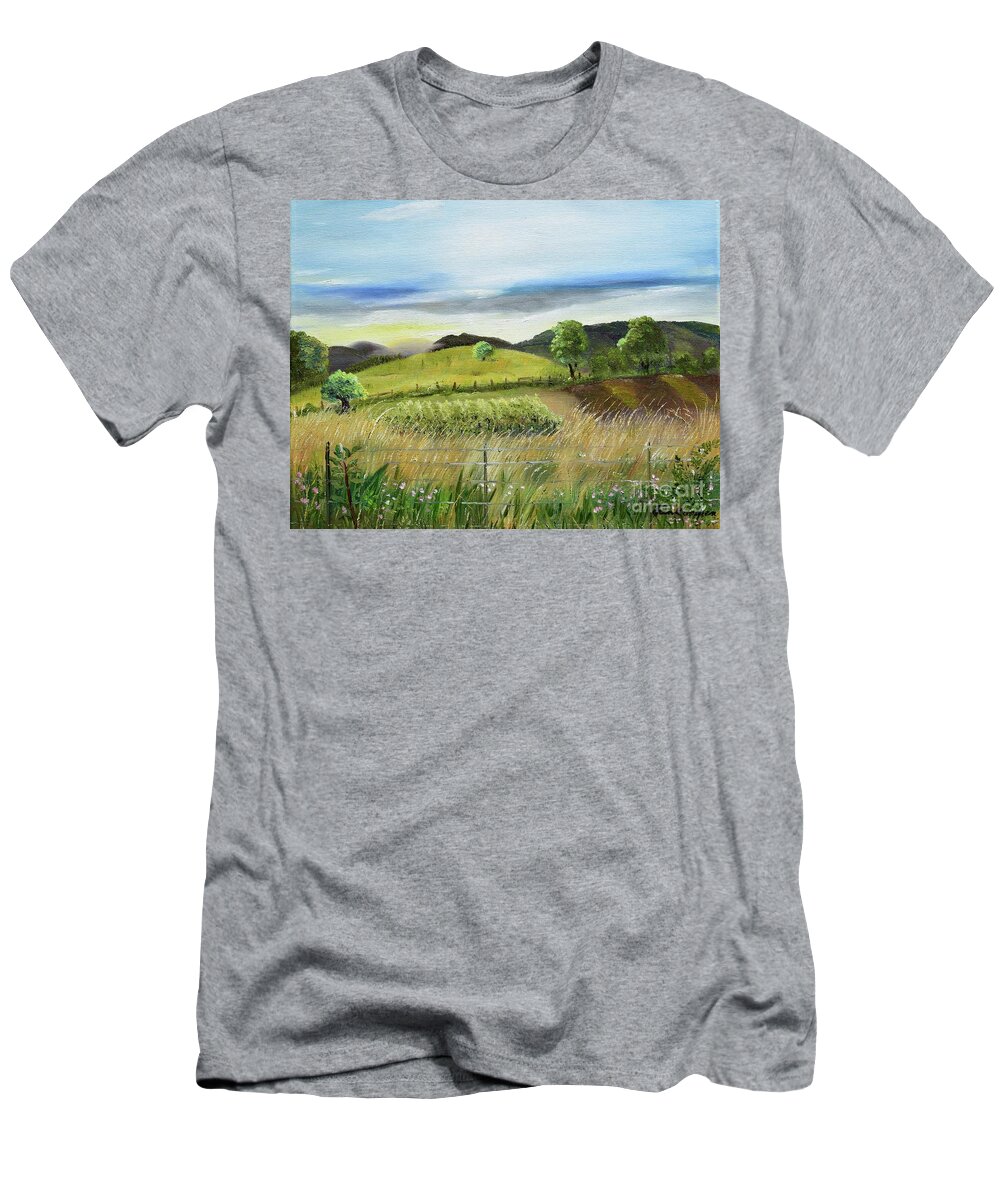 Chateau Meichtry Vineyard T-Shirt featuring the painting Pasture Love at Chateau Meichtry - Ellijay GA by Jan Dappen