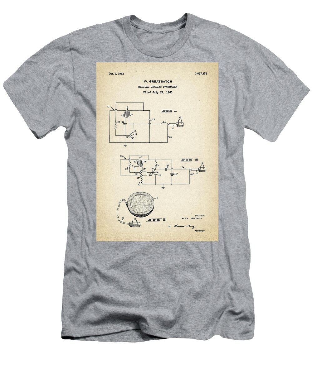 Cardiac T-Shirt featuring the digital art Patent Drawing for the 1960 Medical Cardiac Pacemaker by W. Greatbatch by SP JE Art