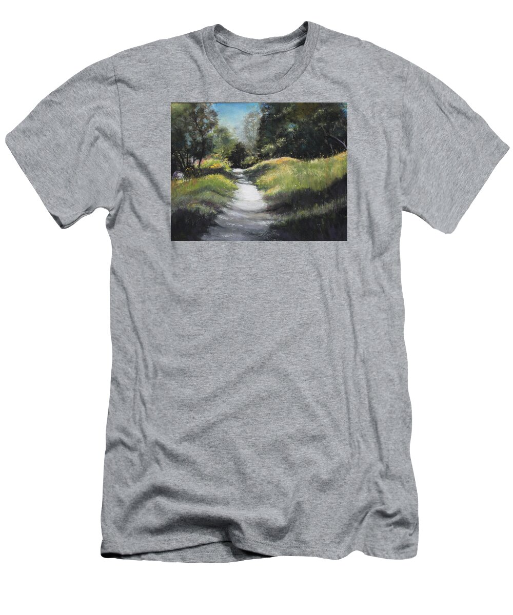 Path T-Shirt featuring the pastel Peaceful Walk in The Foothills by Sandra Lee Scott