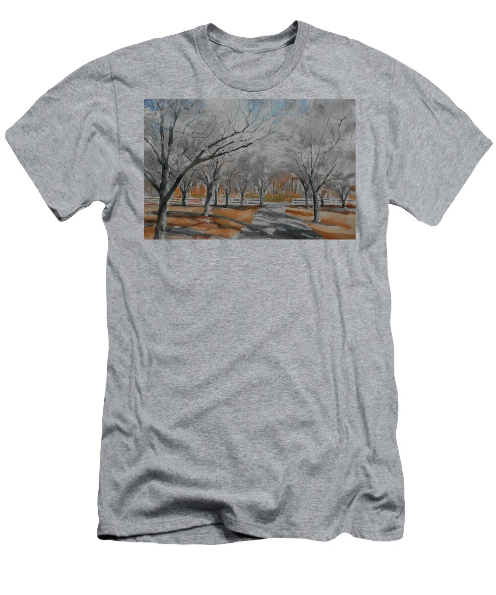 Landscape T-Shirt featuring the painting Pear Blossoms on Bass by Martha Tisdale
