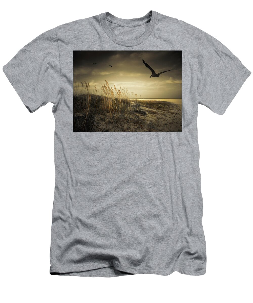 Pelicans T-Shirt featuring the photograph Pelicans Over the Beach by Sandra Selle Rodriguez