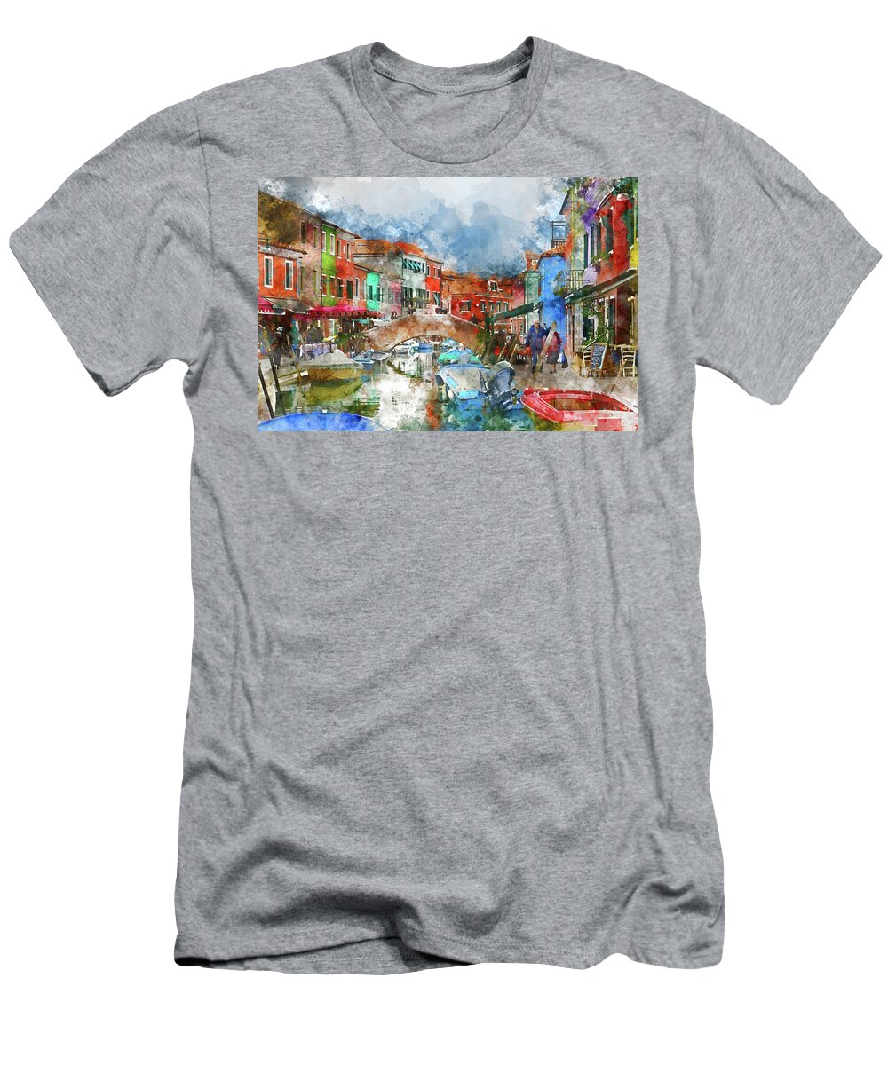 Boat T-Shirt featuring the photograph People Shopping In Burano Island Venice Italy by Brandon Bourdages