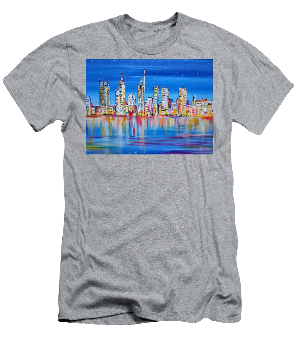 Perth T-Shirt featuring the painting Perth Skyscrapers Skyline on the Swan River by Roberto Gagliardi