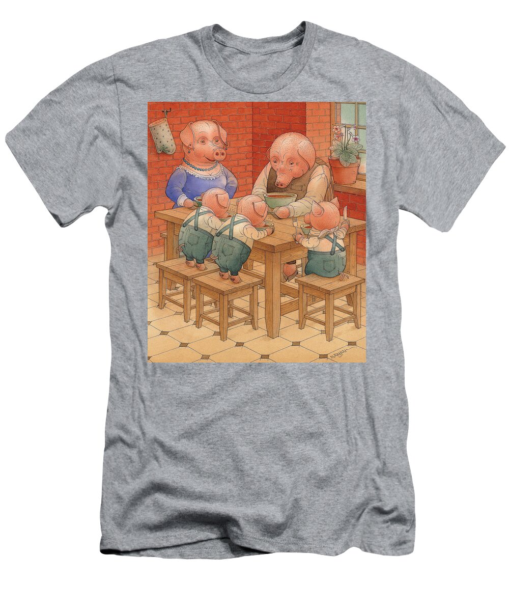 Animals Pig Kitchen Food Family T-Shirt featuring the painting Pigs by Kestutis Kasparavicius