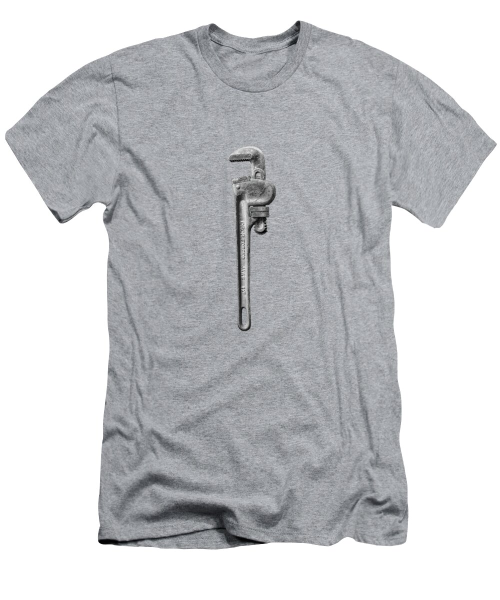 Antique T-Shirt featuring the photograph Pipe Wrench on Plywood 62 in BW by YoPedro