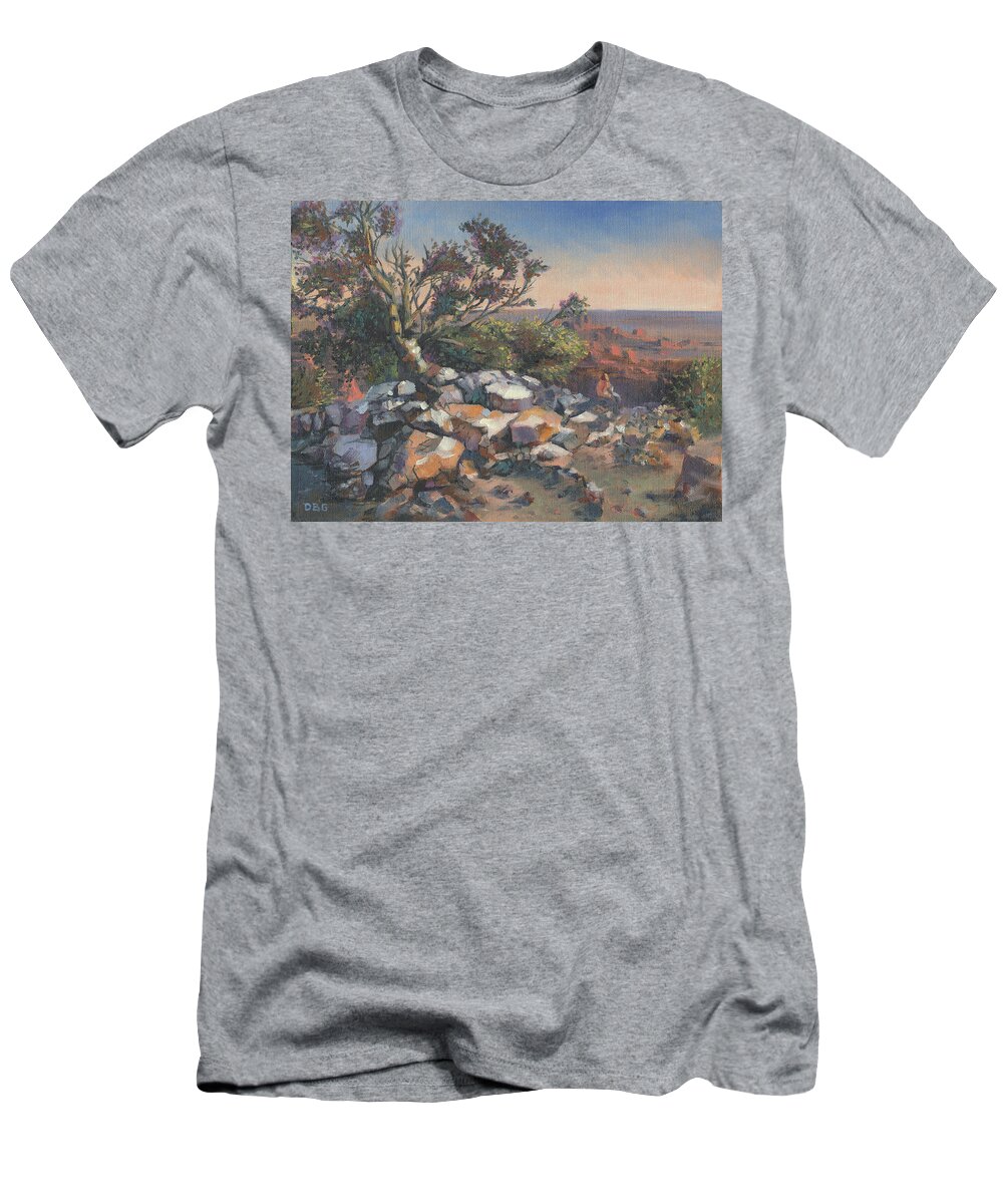 Canyon T-Shirt featuring the painting Pondering by the Canyon by David Bader