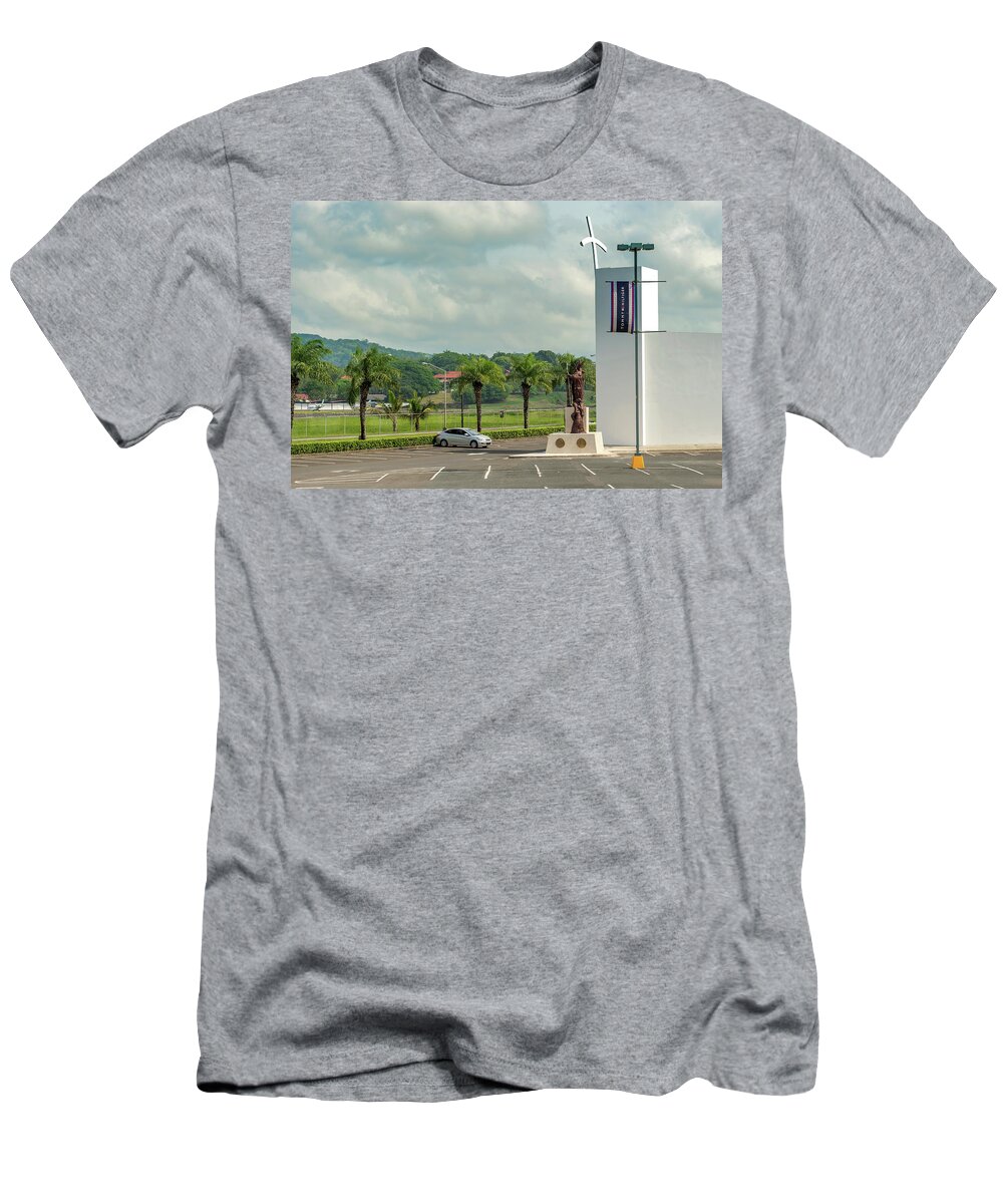 Monument T-Shirt featuring the photograph Pope John Paul II statue in front of Albrook Mall in Panama City by Marek Poplawski