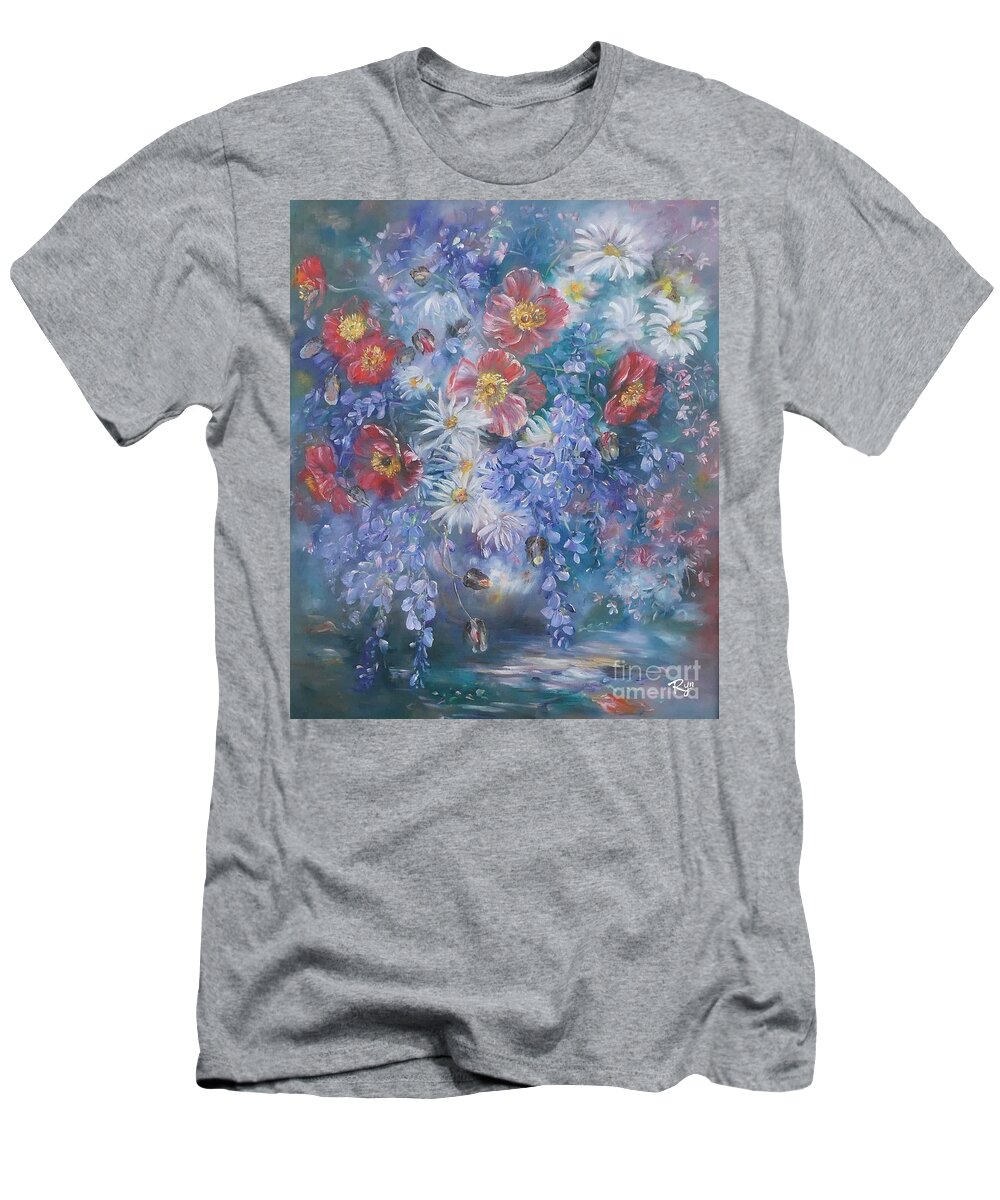 Poppies T-Shirt featuring the painting Poppies, Wisteria and marguerites by Ryn Shell