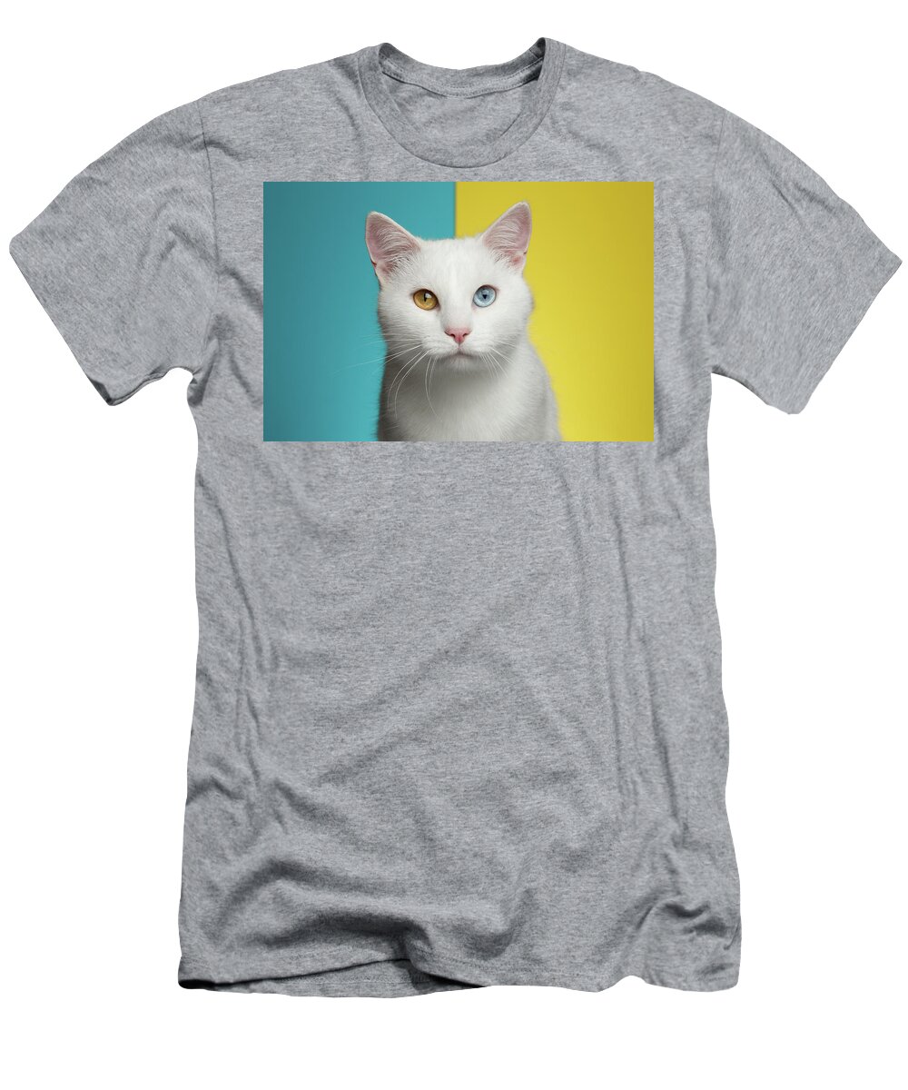 Cat T-Shirt featuring the photograph Portrait of White Cat on Blue and Yellow Background by Sergey Taran