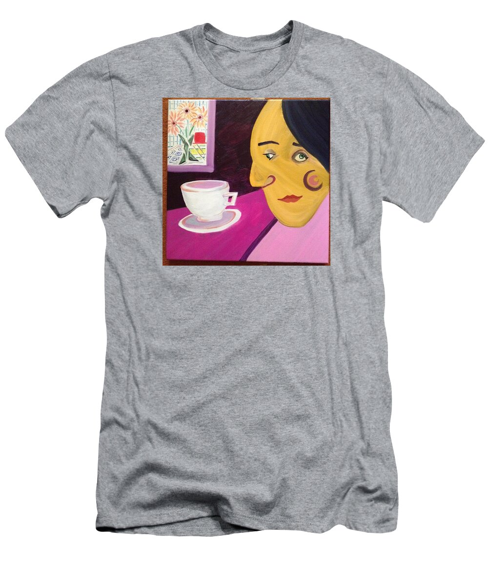 Portrait Woman Modern Coffee Cup Flowers Details Oil T-Shirt featuring the painting Portrat with Cup and Flowers by Costin Tudor
