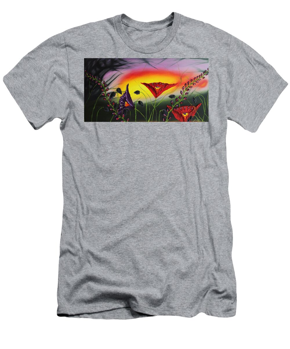  T-Shirt featuring the painting Purple Sunset Poppies #1 by James Dunbar