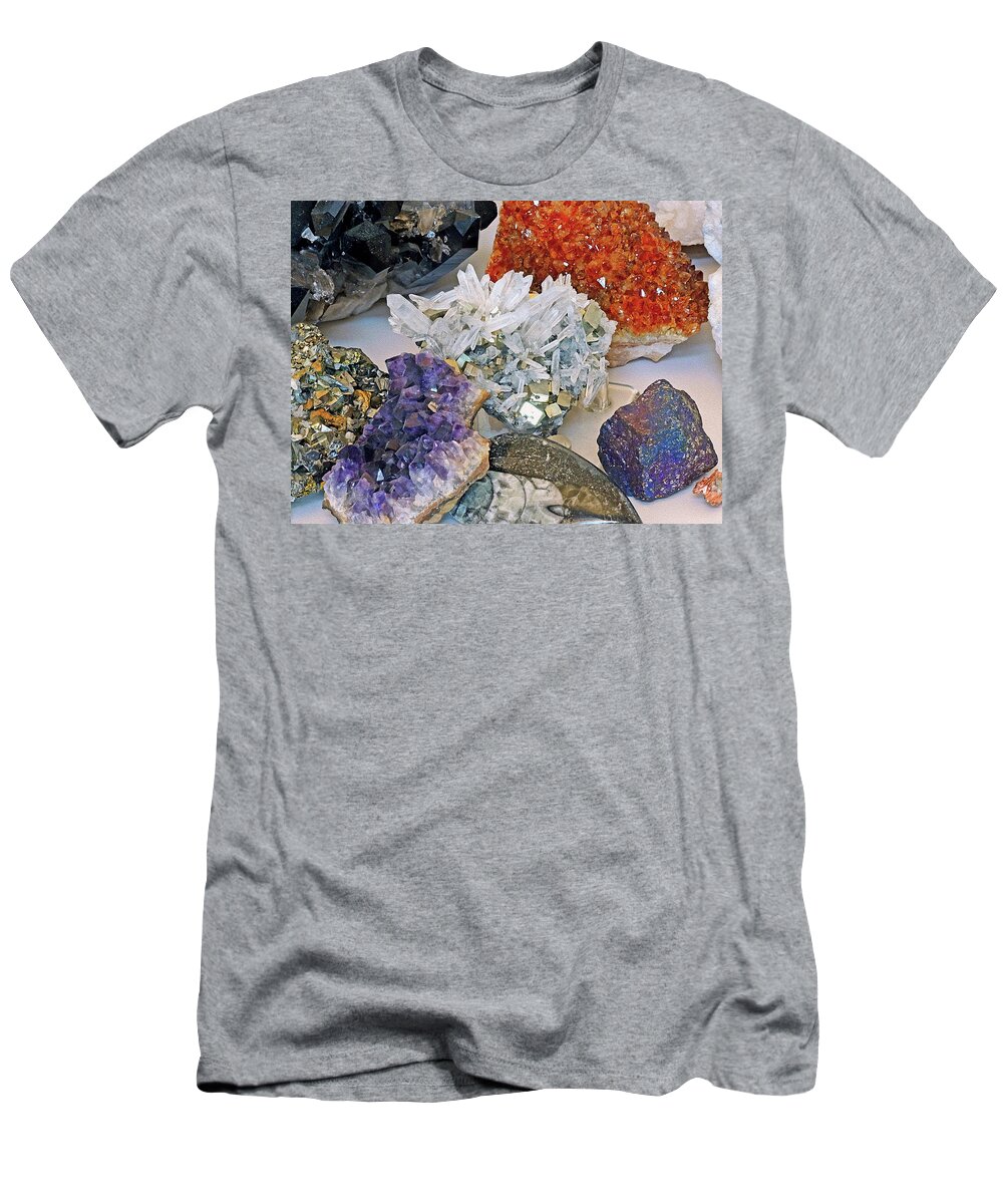Minerals T-Shirt featuring the mixed media Pyrite Amethyst and Citrine by Lynda Lehmann