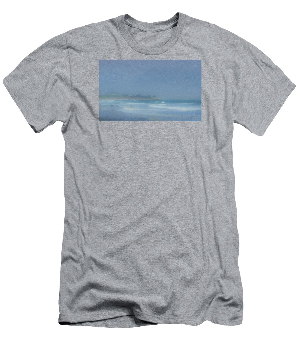 Quicksand Point In Fog T-Shirt featuring the painting Foggy Afternoon at Little Compton RI by Bill McEntee