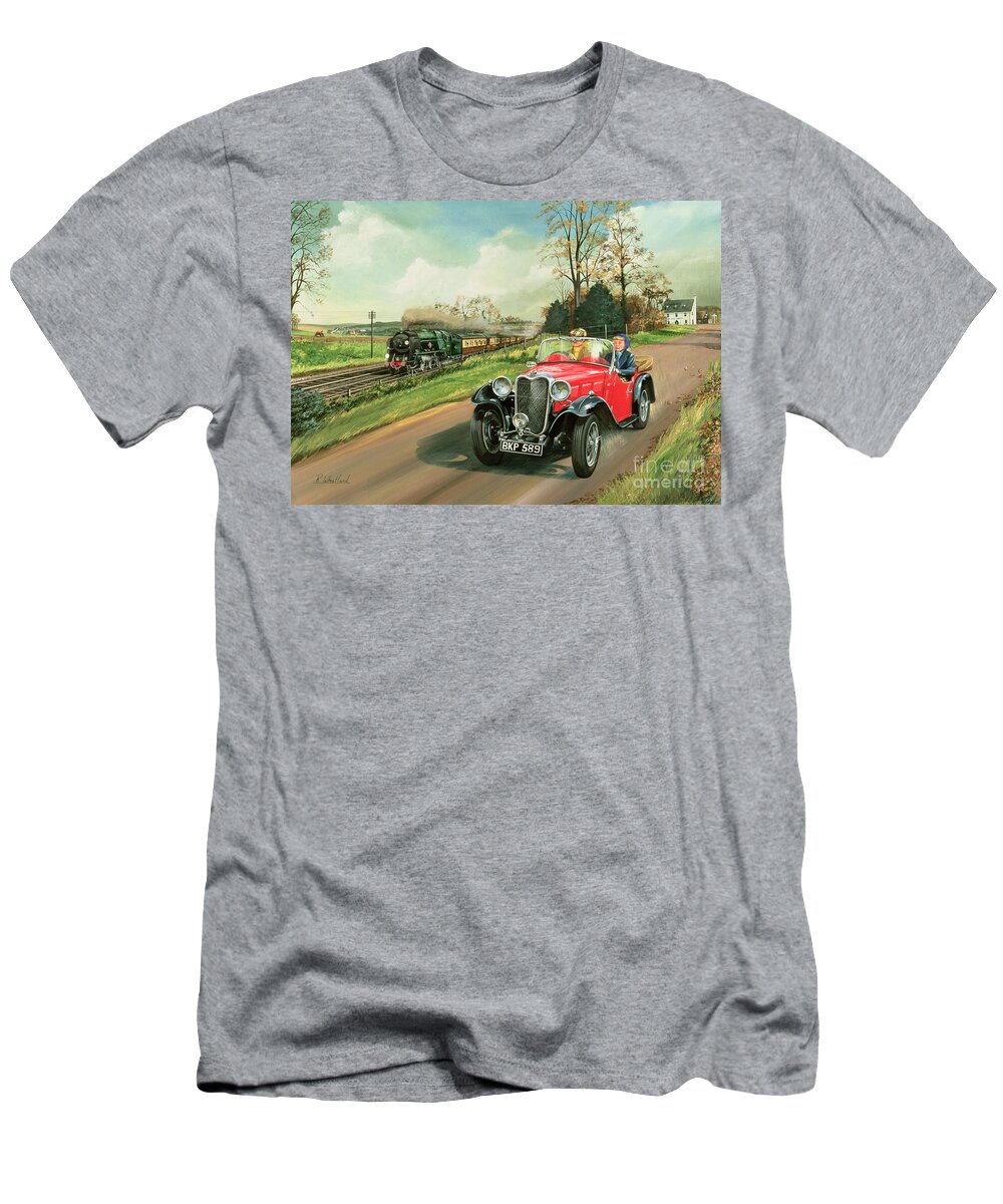 Train T-Shirt featuring the painting Racing the Train by Richard Wheatland