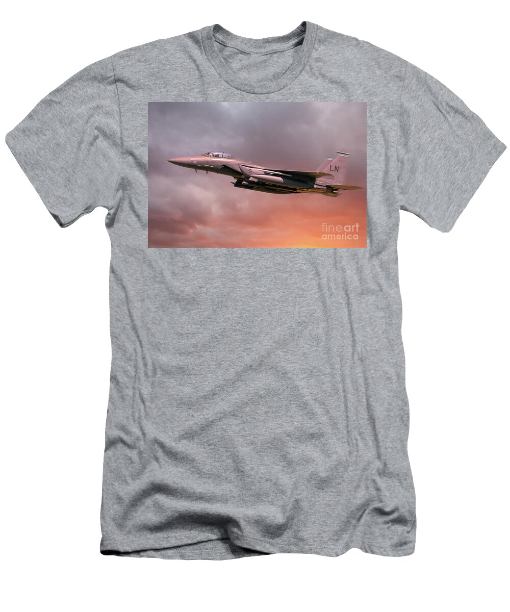 Usaf T-Shirt featuring the photograph RAF Lakenheath F-15 Eagle in flight with orange sun light by Simon Bratt