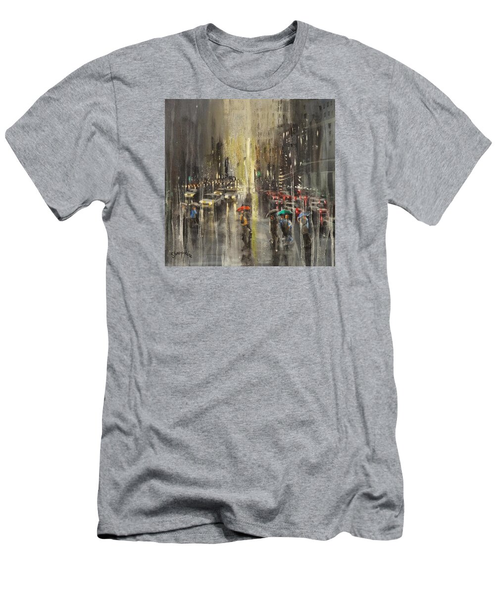 Milwaukee T-Shirt featuring the painting Rain On Wisconsin Avenue by Tom Shropshire