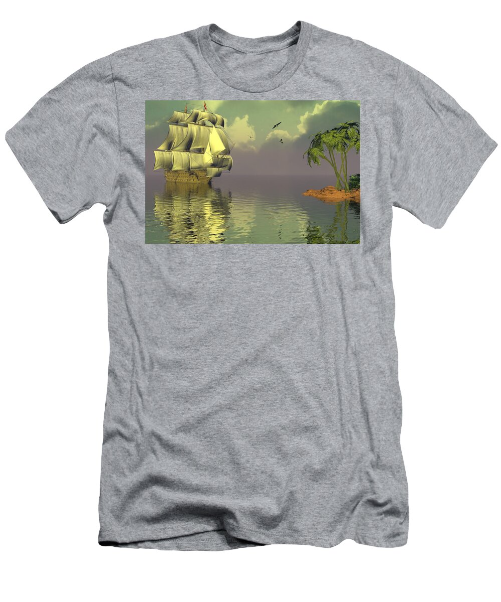 Bryce 3d Fantasy tall Ships Windjammer Sea T-Shirt featuring the digital art Rain squall on the horizon by Claude McCoy