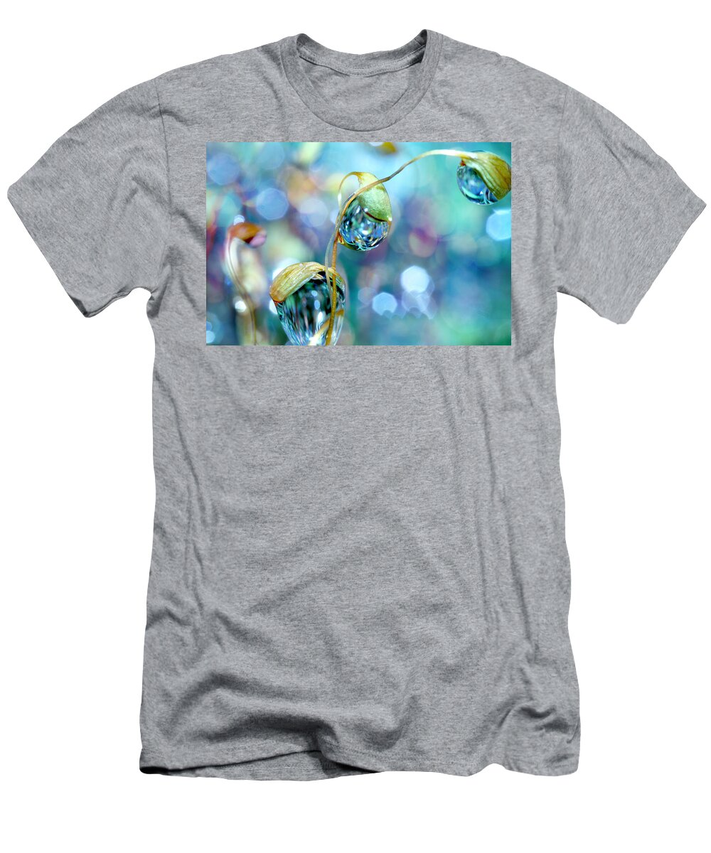 Moss T-Shirt featuring the photograph Rainbow Moss Drops by Sharon Johnstone