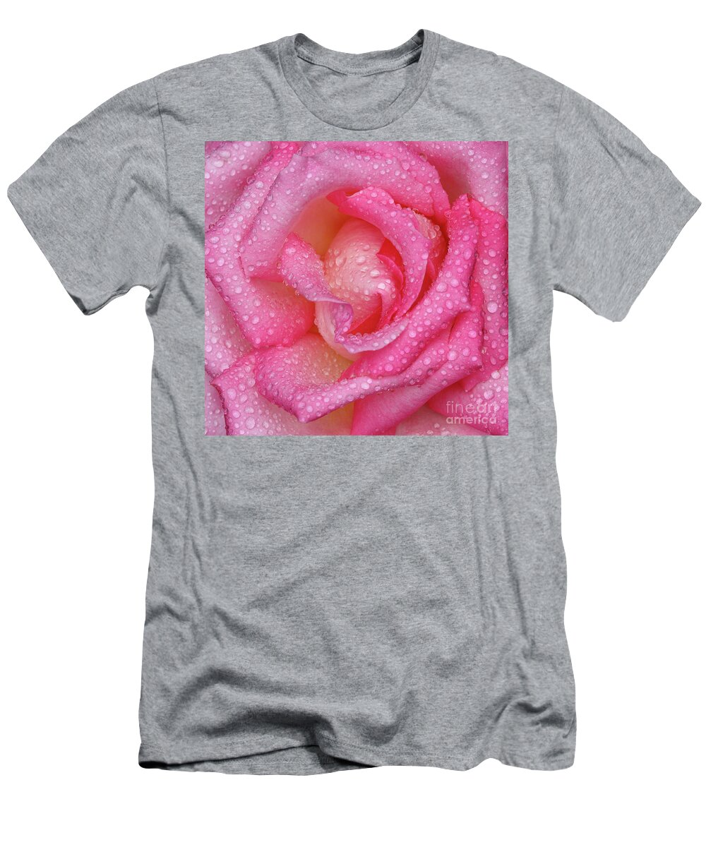  T-Shirt featuring the photograph Raindrops on Pink Rose by Nicholas Burningham