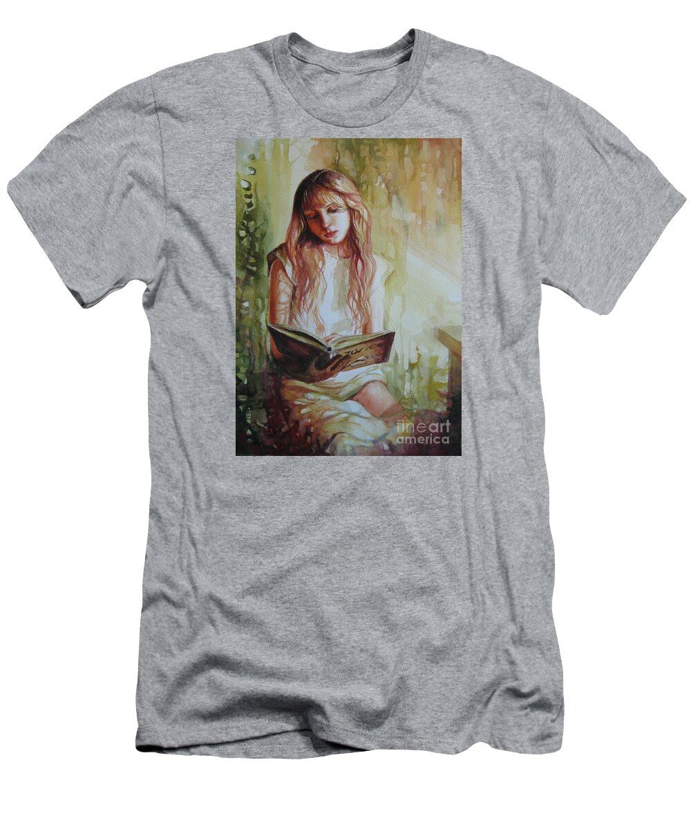 Girl T-Shirt featuring the painting Reading by Elena Oleniuc