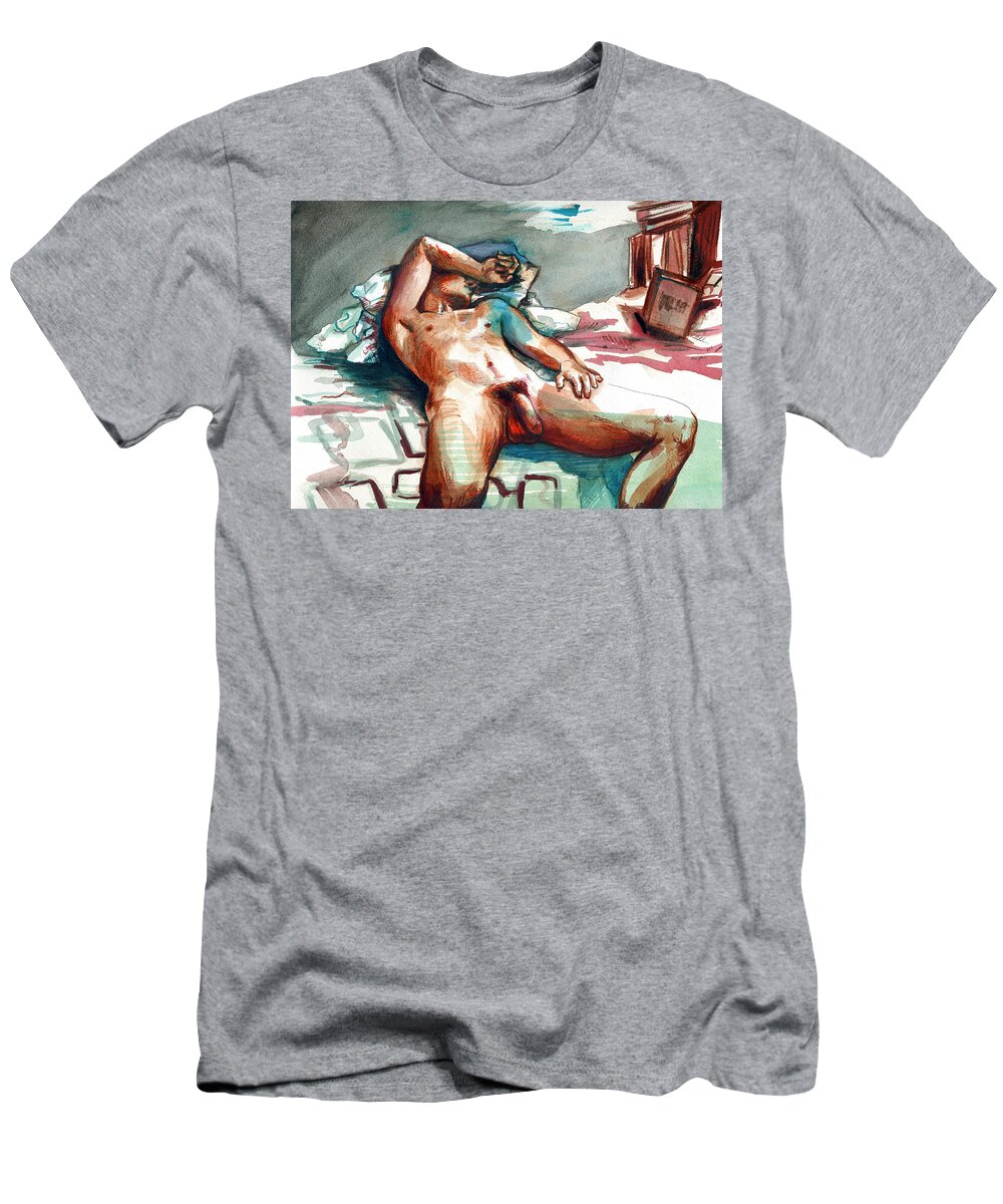 Nude Male T-Shirt featuring the painting Nude Reclined Male Figure by Rene Capone