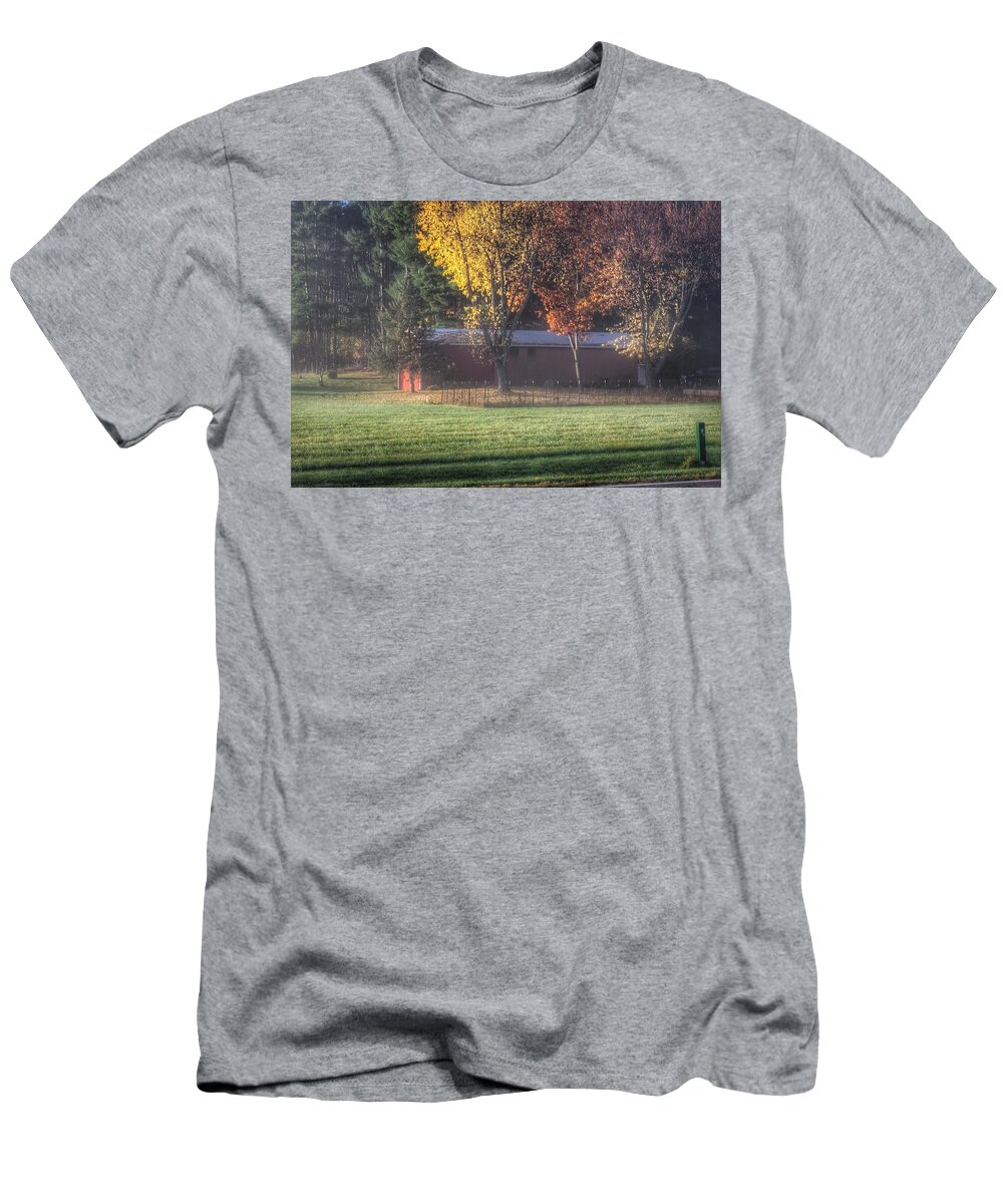 Barn T-Shirt featuring the photograph 0041 - Red Barn on a Foggy Fall Morning by Sheryl L Sutter