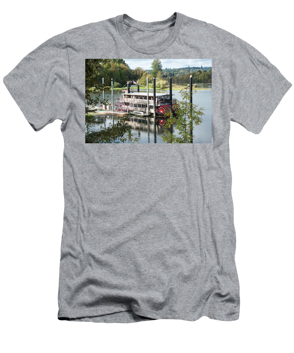 Paddle Wheeler; Boats; Leisure; Summer; Peaceful; Willamette River; Salem; Oregon; Willamette Queen; Riverfront City Park; Carousel; Paddle Wheel T-Shirt featuring the photograph Red Paddle Wheel by Tom Cochran