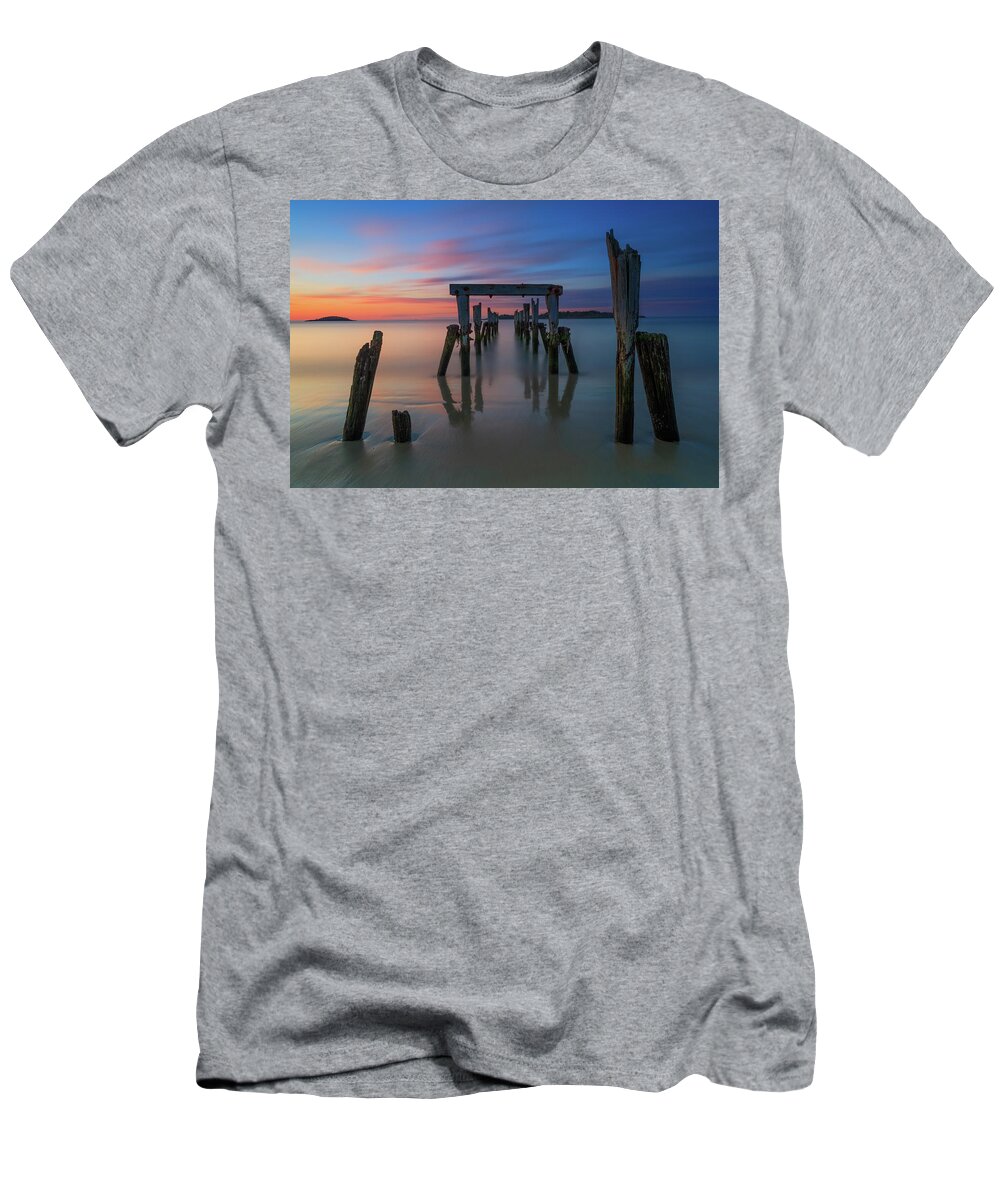 Sunrise; Massachusetts; New England; Pier; Historic; Long Exposure; Ocean; Beverly; Beverly Farms; West Beach; Misery Island; East Coast; Usa; Red; Orange; Peaceful; Calm; Soothing; Tranquil; Morning; Alone; Old; Relic; Blizzard Of '78; Remains; Relic T-Shirt featuring the photograph Relic by Rob Davies