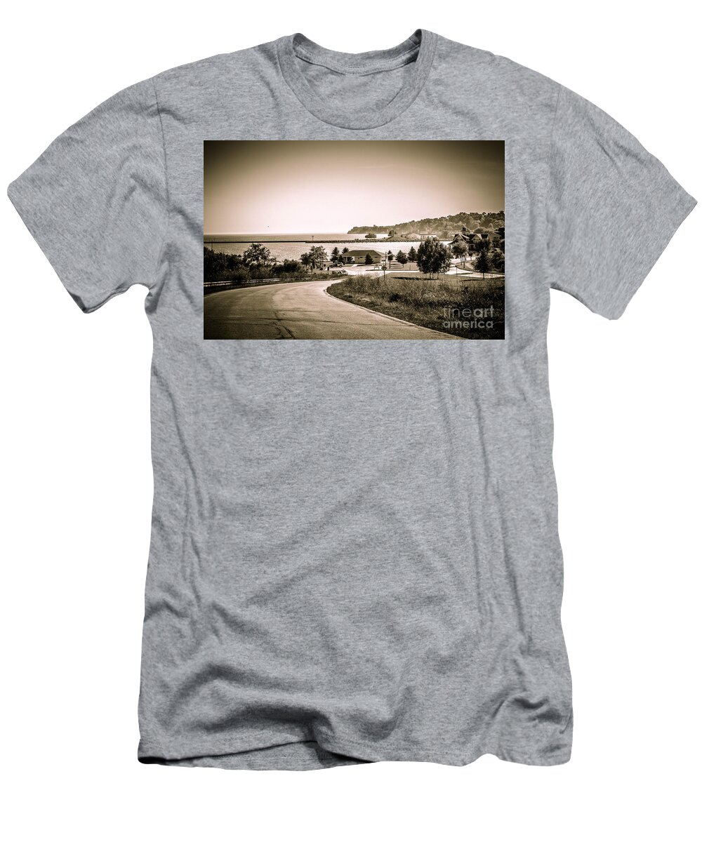Road To The Harbor T-Shirt featuring the photograph Road to the Harbor - Lake Michigan by Mary Machare
