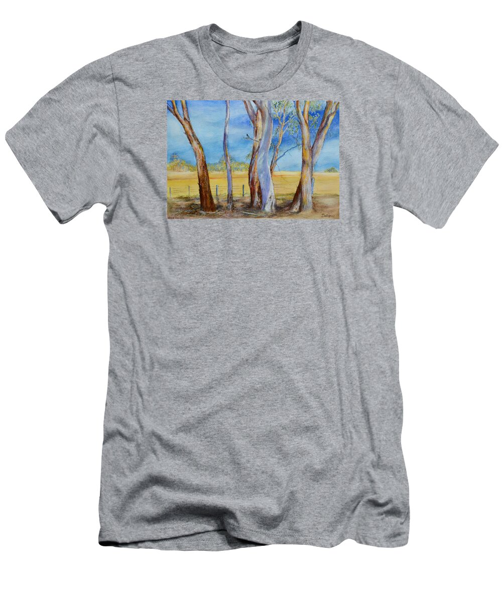 Gums T-Shirt featuring the painting Roadside Eucalyptus Trees near Maldon by Dai Wynn