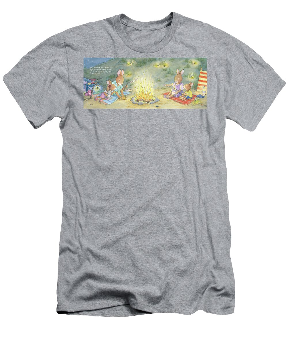 Sunny Bunnies T-Shirt featuring the painting Roasting Marshmallows -- With Text by June Goulding