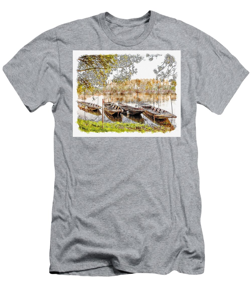 Rowing Boats T-Shirt featuring the digital art Rowing Boats and Punts on the Loire France by Anthony Murphy