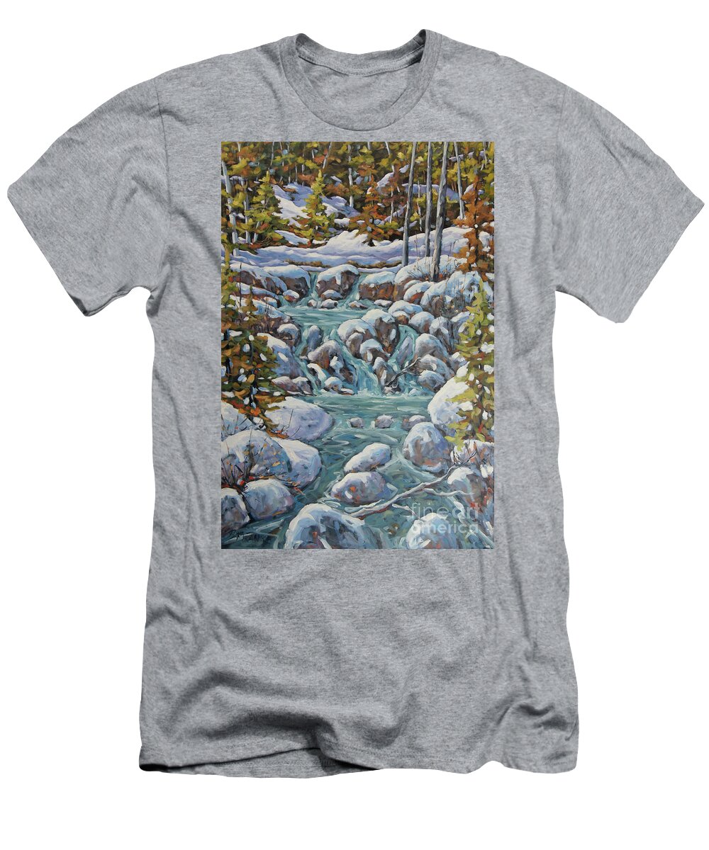 30x24x1.5 T-Shirt featuring the painting Running River Spring Melt created by Richard T Pranke by Richard T Pranke
