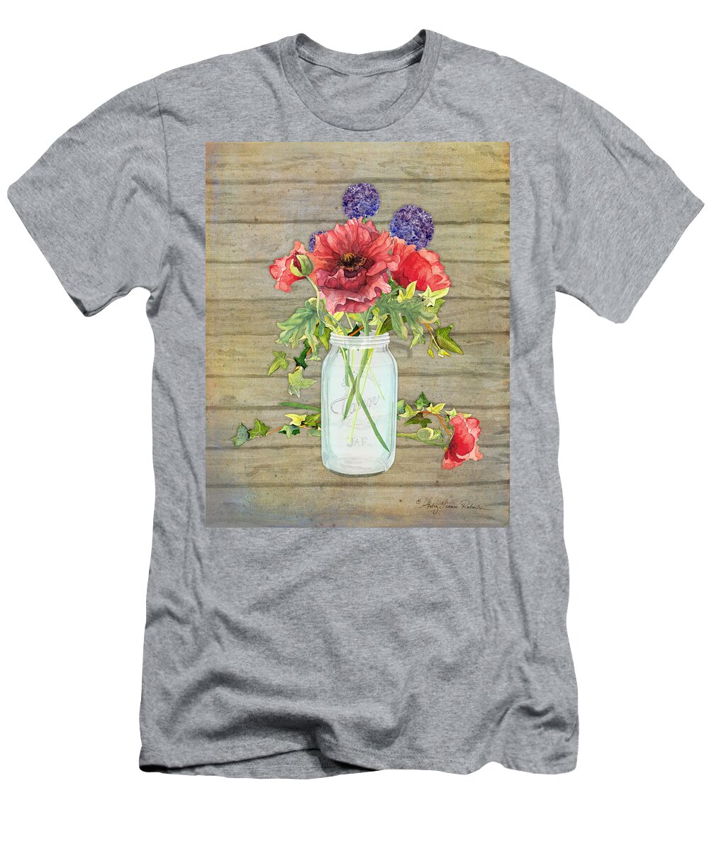 Watercolor T-Shirt featuring the painting Rustic Country Red Poppy w Alium n Ivy in a Mason Jar Bouquet on Wooden Fence by Audrey Jeanne Roberts
