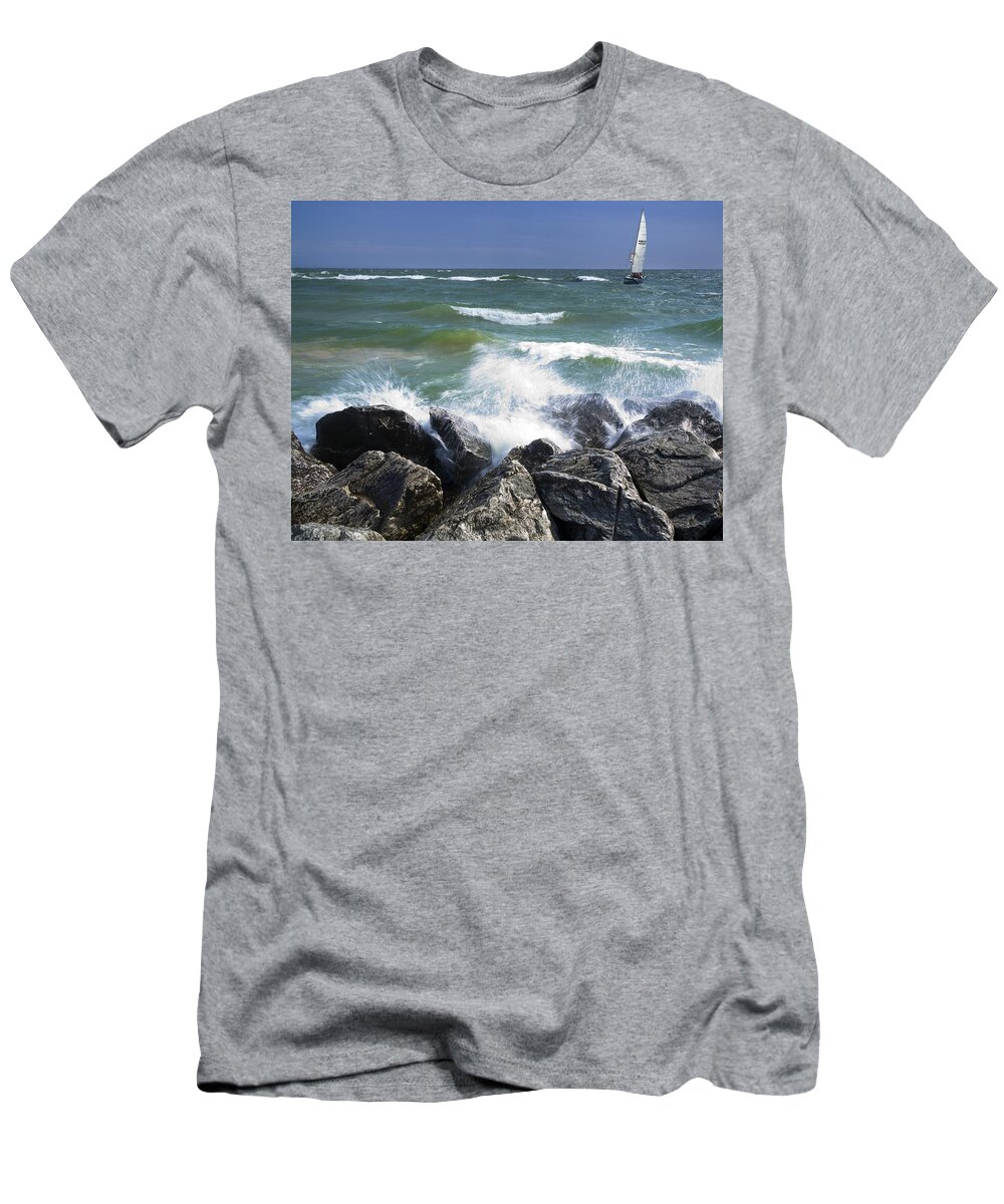 Lake T-Shirt featuring the photograph Sailboat sailing off the shore at Ottawa Beach State Park by Randall Nyhof
