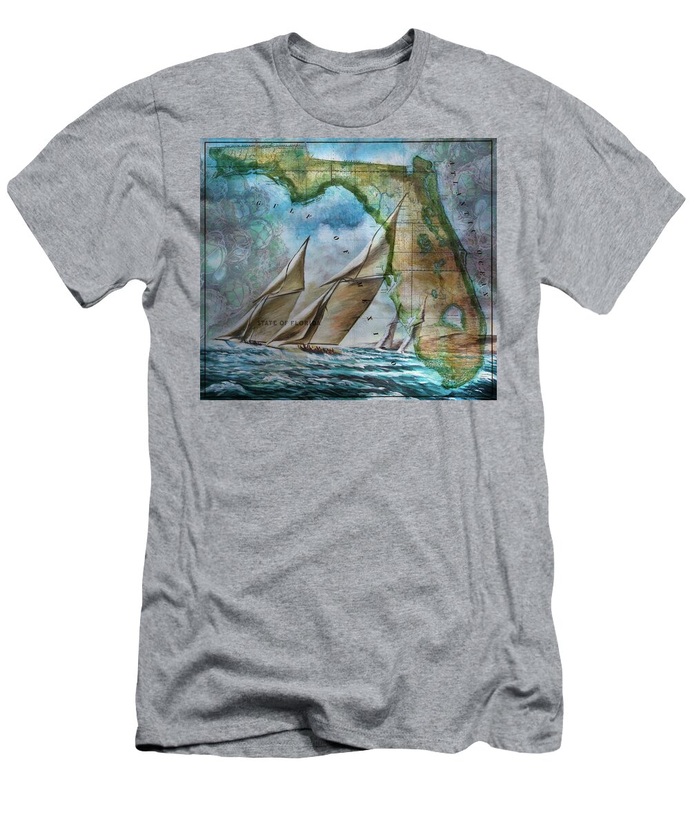 Atlantic T-Shirt featuring the photograph Sailing in Florida Antique Map by Debra and Dave Vanderlaan