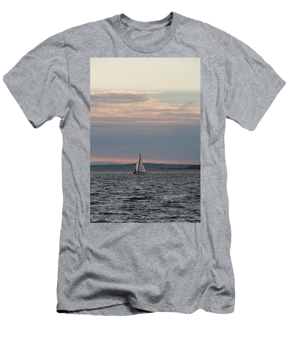 Sunset T-Shirt featuring the digital art Sailing in the Puget Sound by Michael Lee